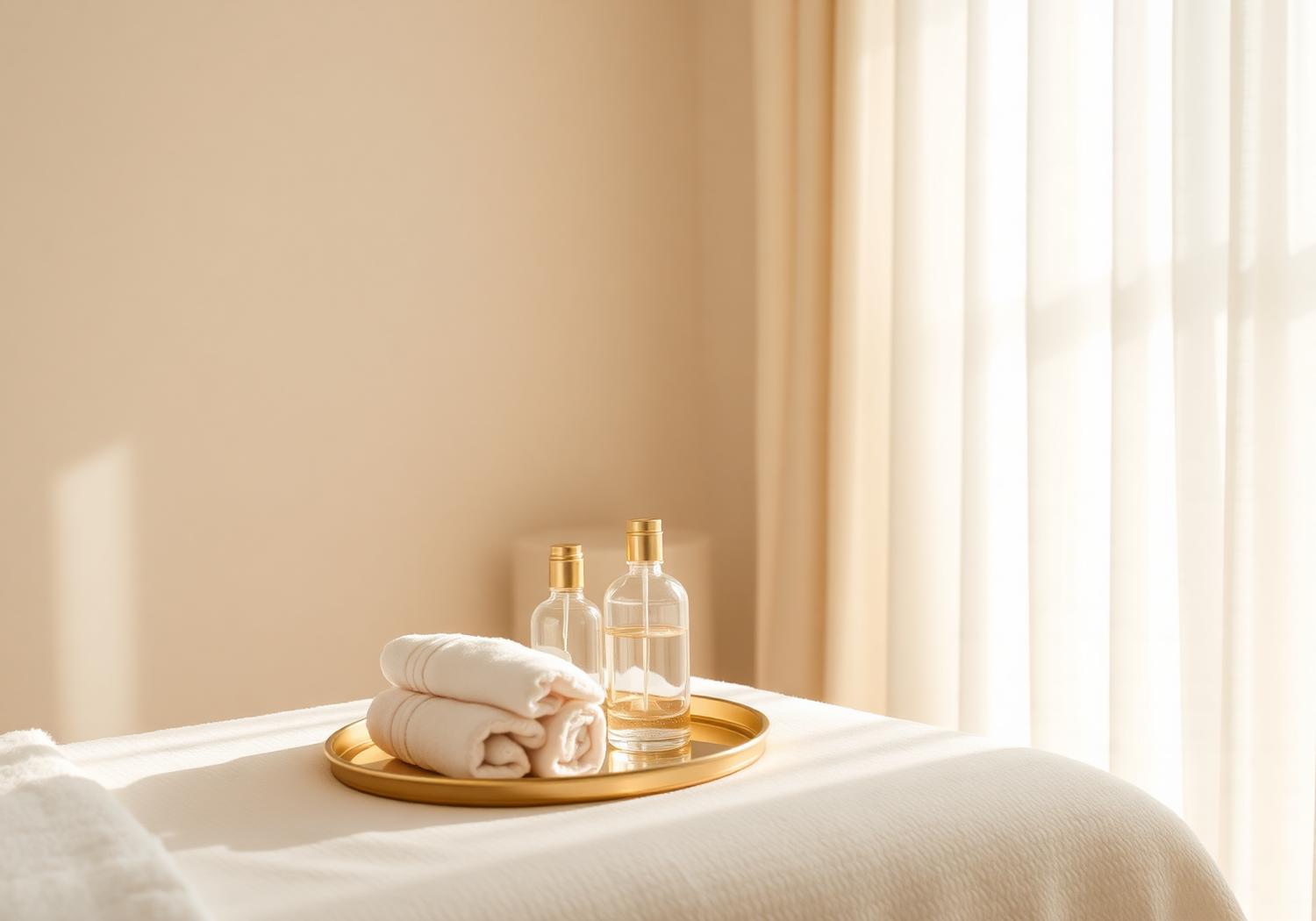 Sunlit Velune suite with a gold tray of oils on white linen