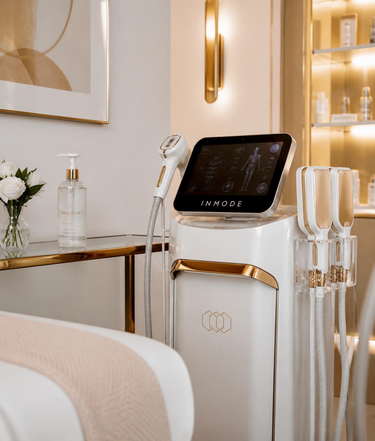 Sleek white and gold body contouring device with handpiece and applicator paddles in a luxury clinic