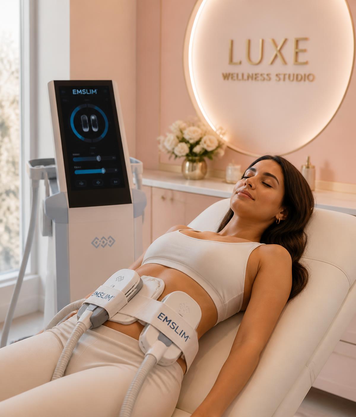 Guest relaxing on a cream treatment bed with EMSlim toning applicators on the abdomen