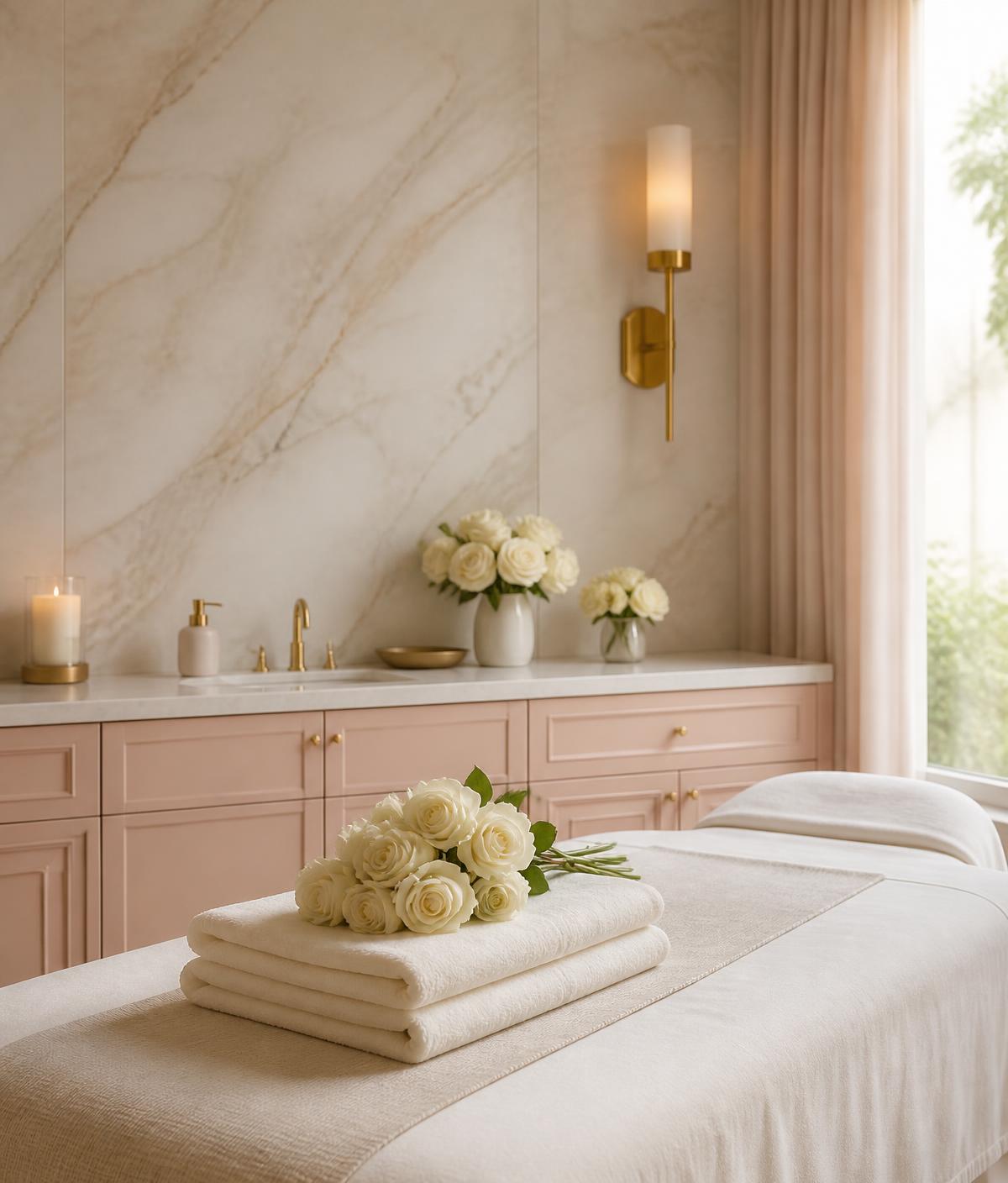 Cream and blush luxury treatment room with marble wall, gold sconce and folded ivory towels