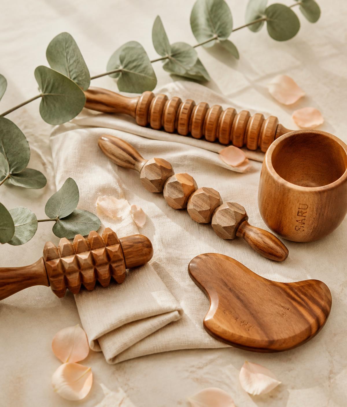 Carved wooden therapy rollers and cup on ivory linen with eucalyptus and rose petals