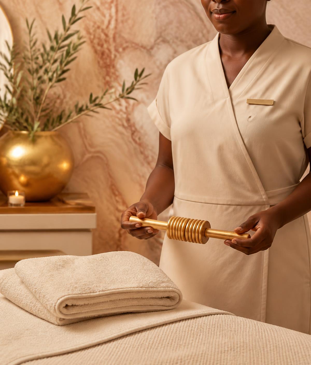 Velune technician with dark brown skin holding a gold wood therapy roller in the treatment suite